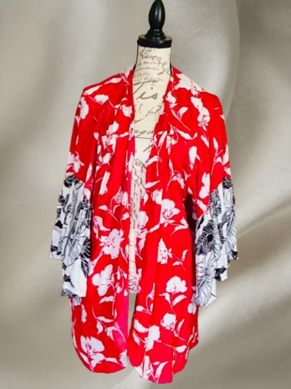 Coco + Carmen Red Floral Kimono Cardigan with Contrasting Sleeves